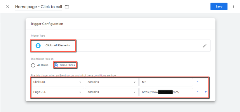 Trigger configuartion showing the Click URL and Page URL settings. 